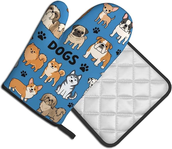 Cartoon Dogs Oven Mitts and Pot Holders Blue Background Heat Resistant Oven Mitts Safe for Baking Cooking BBQ