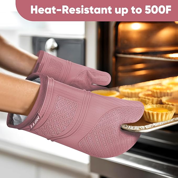 Silicone Oven Mitts, Heat Resistant Oven Gloves with Quilted Liner, Waterproof & Non-Slip Kitchen Mittens for Baking Cooking BBQ, 500°F, 12.5"-Rose Pink
