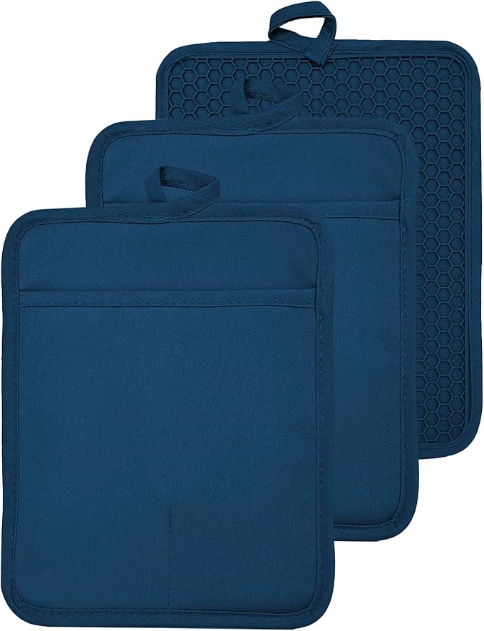 Oven Pot Holder with Pocket Cotton Heat Resistant Coaster Potholder Kitchen Hot Pad Oven Mitts for Cooking and Baking Square 7"x9" (Blue, Silicone)