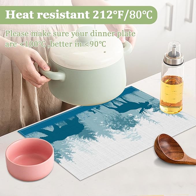 Misty Bear Deer Placemats Set of 6, Washable Heat Resistant Table Mat Forest Animal Linen Place Mats for Party Kitchen Dining Home Decor 12x18 Inch