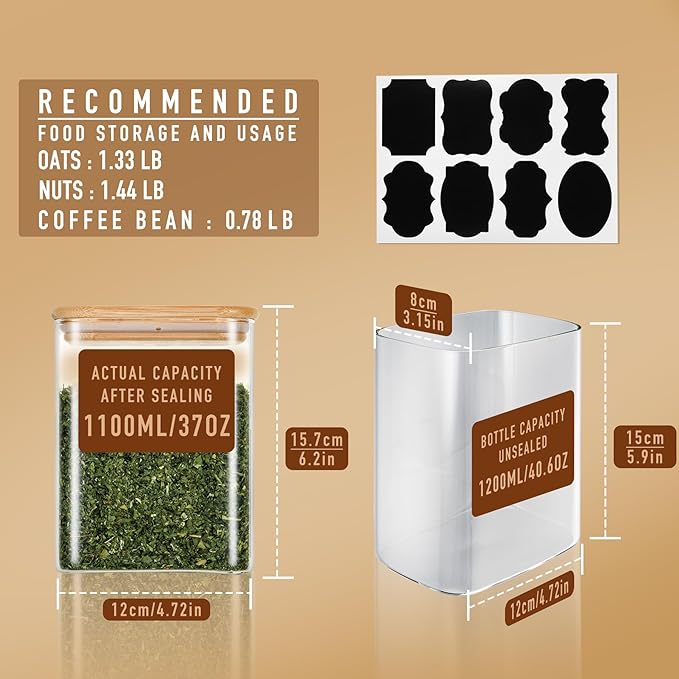 D2scrma 37oz Rectangle Airtight Glass Storage Containers with Bamboo Lids (Set of 4), Square Food Storage Jar, Pantry Organizers for Cereal, Nuts, Snacks and Coffee beans (‎with Black Lable)