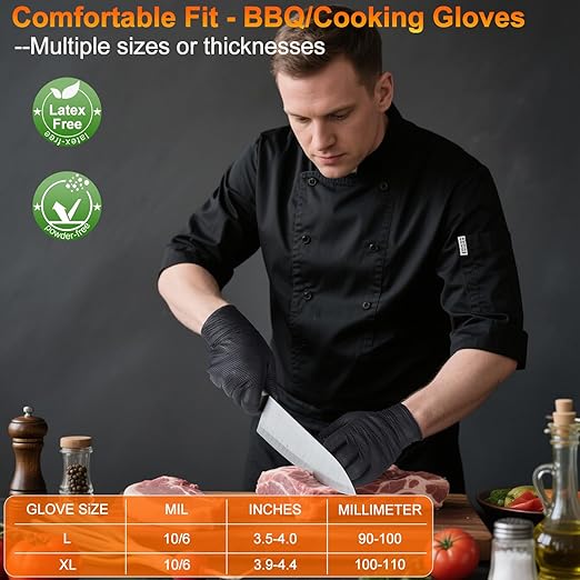 ANBOSON BBQ Gloves for Cooking Baking Grilling, 100 Count Disposable Nitrile Gloves and 4 Count Cotton Glove Liners Washable (10mil Nitrile, X-Large)