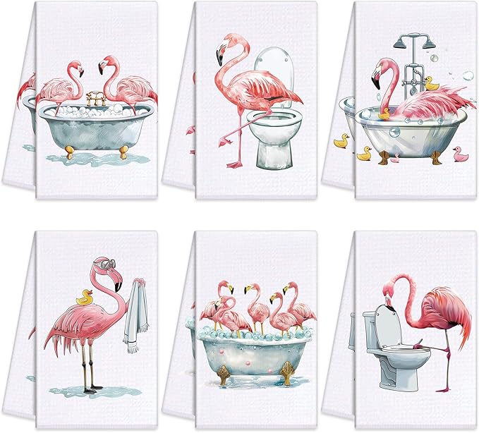 Oudain 6 Pcs Flamingo Kitchen Towels Decoration Pink 24" x 16" Absorbent Dish Hand Tea Towels Coths for Bathroom Home Gift Decor