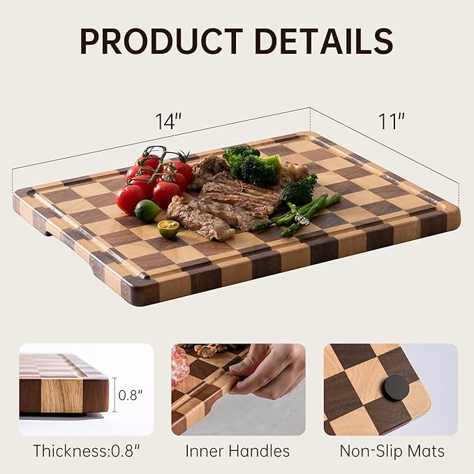 Checkerboard Cutting Boards for Kitchen, Acacia Wooden Cutting Board, End Grain Chopping Board with Juice Groove, Serving Tray for Meat, Vegetables, Fruits, Bread, Cheese, 14" X 11" X 0.8"