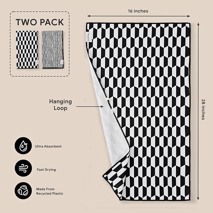 RECYCO Waffle Kitchen Towel Set of 2 - Quick Dry Microfiber Sustainable Dish Towels - Ultra Absorbent Reusable Cleaning Tea Towels - Lightweight Hand Towels,16”x 28”, Black & White Mirage
