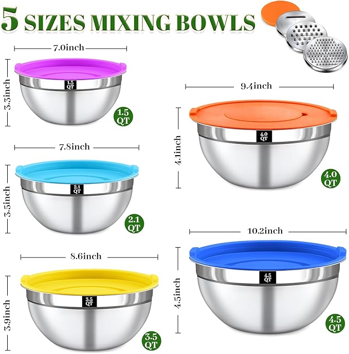 8PCS Mixing Bowls with Lids Set - 5 Nesting Mixing Bowls, 3 Grater Attachments, Lids, Stainless Steel Mixing Bowls for Mixing & Serving, Size 1.5/2.1/3.5/4/4.5 QT, Colorful