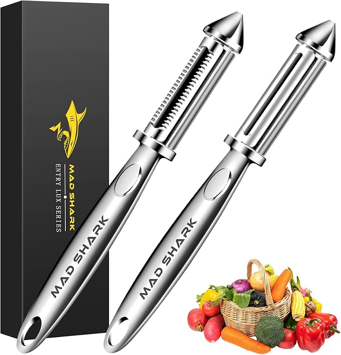 MAD SHARK Vegetable Peeler, Potato Peelers, I-Shaped Ultra Sharp Stainless Steel Blades Peelers, Orange Peeler for Kitchen, Veggie, Fruit, Garlic, Carrot, Apple Peeling 2pcs