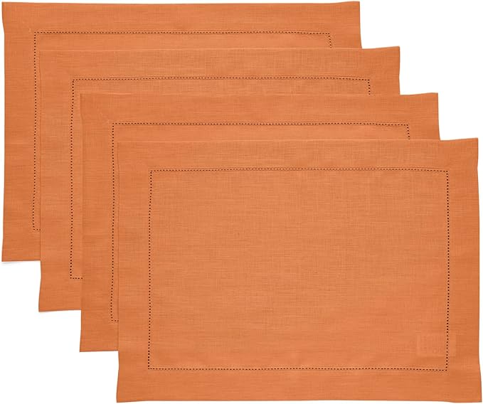 Solino Home Linen Placemats Set of 4 - Classic Hemstitch Pumpkin Placemats 14 x 19 Inch - 100% Pure Linen Table Mats