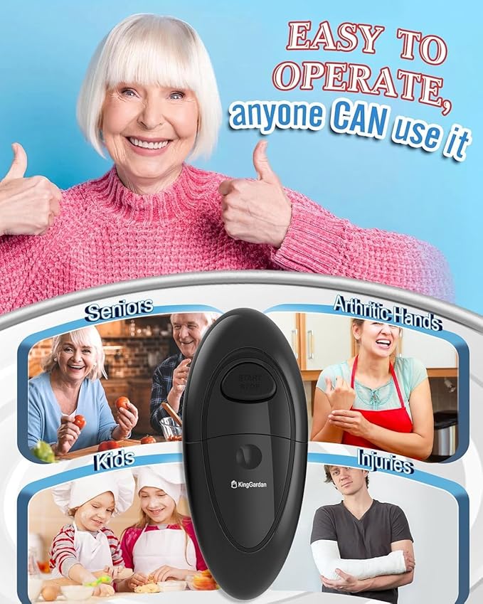 Electric Can Opener, Automatic Hands-Free One Touch, Smooth Edge Safety Cut, Battery Operated, Easy Open for Seniors, Arthritis Friendly, Compact Kitchen Tool Fits Most Can Sizes (Black)