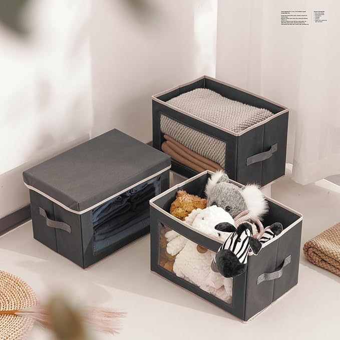 Homsorout Storage Bins with Lids - Fabric Storage Boxes with Lids, Collapsible Storage Bins with Window, Decorative Closet Organizers and Storage for Clothes, Towels, Books, 3 Pack, Dark Grey