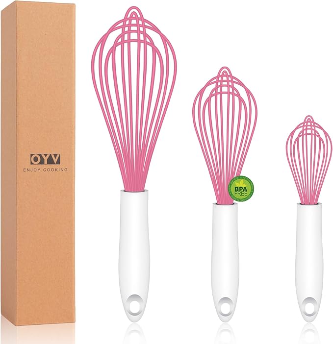 OYV Pink Silicone Whisk, Sealed Waterproof Design Set of 3, Professional Kitchen Whisks for Cooking Non-Scratch, Silicone&Stainless Steel Whisk, Heat Resistant 480°F Rubber wisk, BPA free