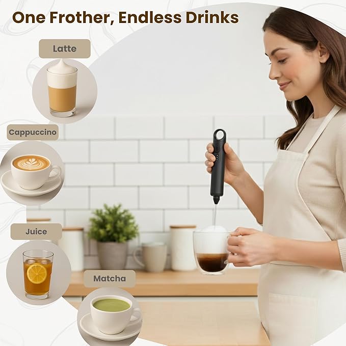 Rechargeable Milk Frother Handheld 3 Speed Coffee Foamer [3 Whisk] Electric Drink Mixer for Latte, Cappuccino, Coffee, Eggs, Hot Chocolate, Protein Black
