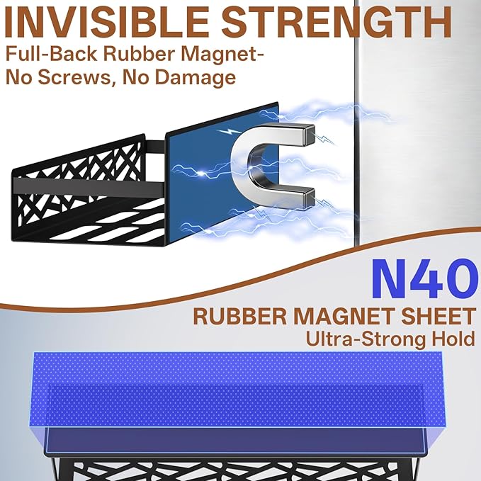 DTUQYX 4 Pack Magnetic Spice Rack for Refrigerator, Heavy Duty Metal Magnetic Fridge Spice Rack Organizer with 4 Hooks, No Drilling Rustproof Spice Storage for Kitchen Organization,11LB Load Capacity