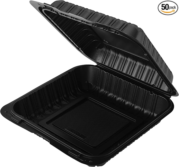 Hinged Take-Out Containers 9″ x 9″ BPA Free, Clamshell To Go Boxes Recyclable, Microwave & Freezer Safe Food Storage Boxes for Restaurants, Catering - Cake Slice Container - Black