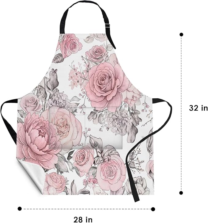 Britimes Apron Home Kitchen Cooking Baking Gardening for Women Men with Pockets Pink Flowers Leaves Watercolor Floral 32x28 inch