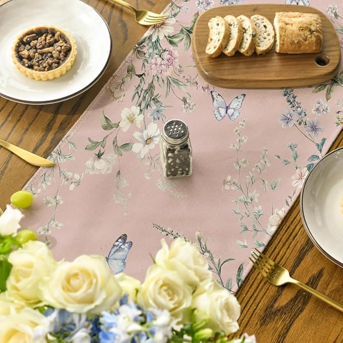 Artoid Mode Pink Floral Wildflower Leaf 210 GSM Spring Table Runner, Seasonal Summer Kitchen Dining Table Decoration for Home Party Decor 13x72 Inch