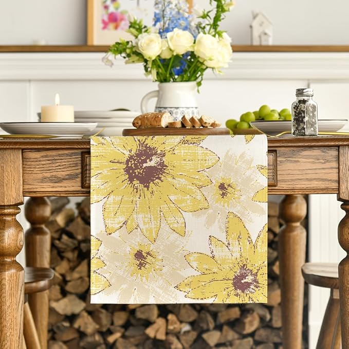 Artoid Mode Yellow Retro Daisy Spring Table Runner, Seasonal Vintage Kitchen Dining Table Decoration for Home Party Decor 13x72 Inch