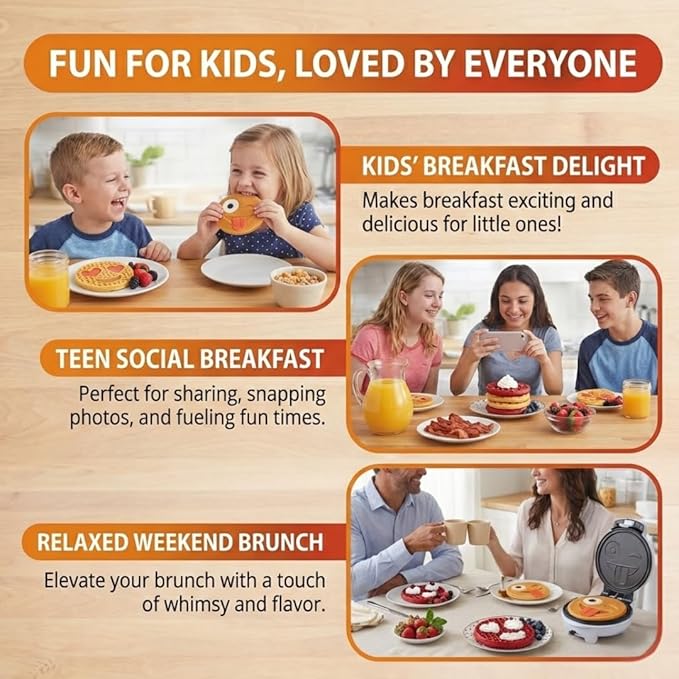Emoji Smiley Face Waffle & Pancake Maker w 2 Removable Plate Sets- Fun Breakfast Maker for Kids & Families, Cute Nonstick Novelty Waffler for Easy Homemade Waffles- Gift for Birthday, Brunch, Everyday