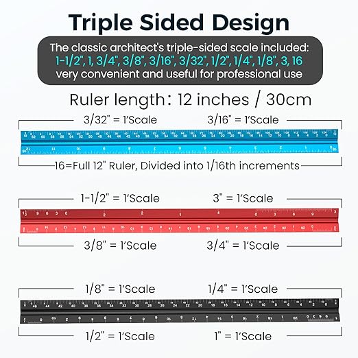 Rena Chris 2PCS Architectural Scale Ruler: 12" Imperial Aluminum Alloy Metal Architecture Measuring Tools, Engineering Drafting Construction Drawing Blueprints Triangular Architect Scaling Rulers