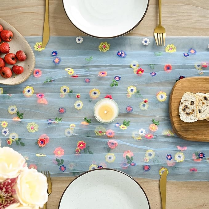 Artoid Mode Blue Embroidery Daisy Spring Gauze Table Runner 59x120 Inch 10FT, Seasonal Sheer Kitchen Dining Holiday Wedding Birthday Table Decor for Home Party