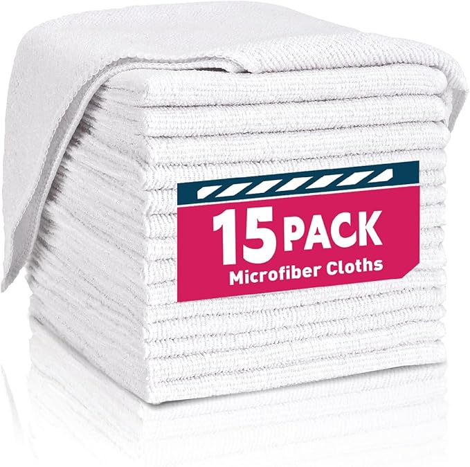 TEAWOO White Microfiber Towels- 15 Pack, Microfiber Cleaning Cloths Bulk, Microfiber Towels for Cars, Cleaning Rags (12x12 inches)