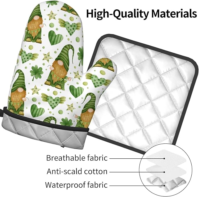St. Patrick's Day Gnome Oven Mitts and Pot Holders Heat Resistant Oven Mitts Safe for Baking Cooking BBQ