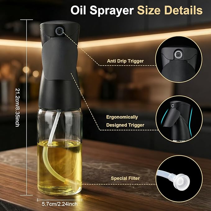 Oil Sprayer for Cooking 250ml/8.5oz 2 Pack Glass Olive Oil Spray Bottle Refillable Dispenser Oil Mister Spray Bottles for Kitchen Gadgets BBQ(Black)