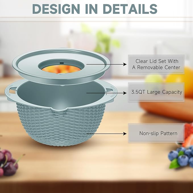 4-1 Strainer with Bowl & Spoons Set - Strainers and Colanders(Patented) - Colanders for kitchen - Food Strainer with New Upgraded Graters & Spoons - Fruit Bowl for Pasta Fruits Veggie- Blue