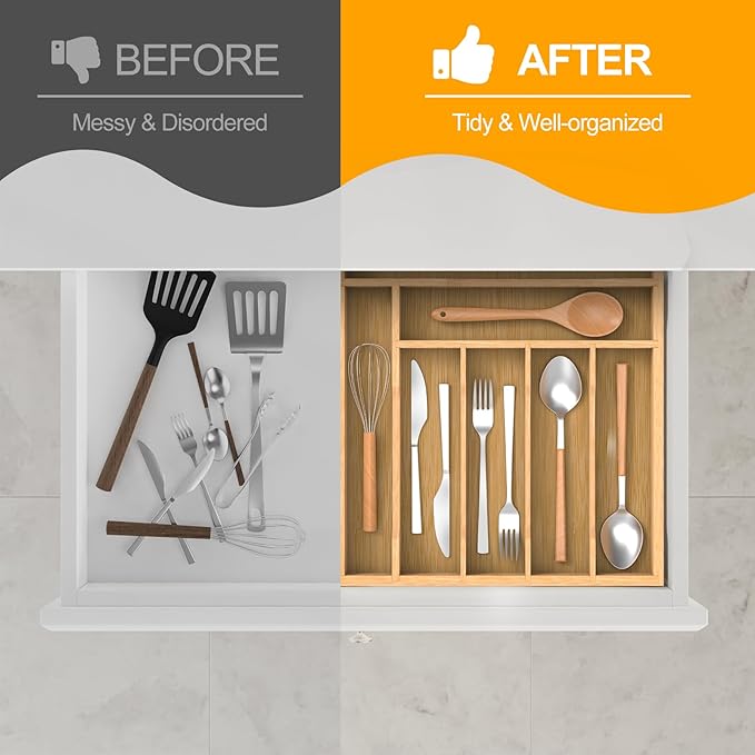 Bamboo Silverware Organizer Drawer Tray, 7-Compartment Utensil Drawer Organizer for Kitchen & Office, Flatware Holder for Forks, Spoons, Cutlery