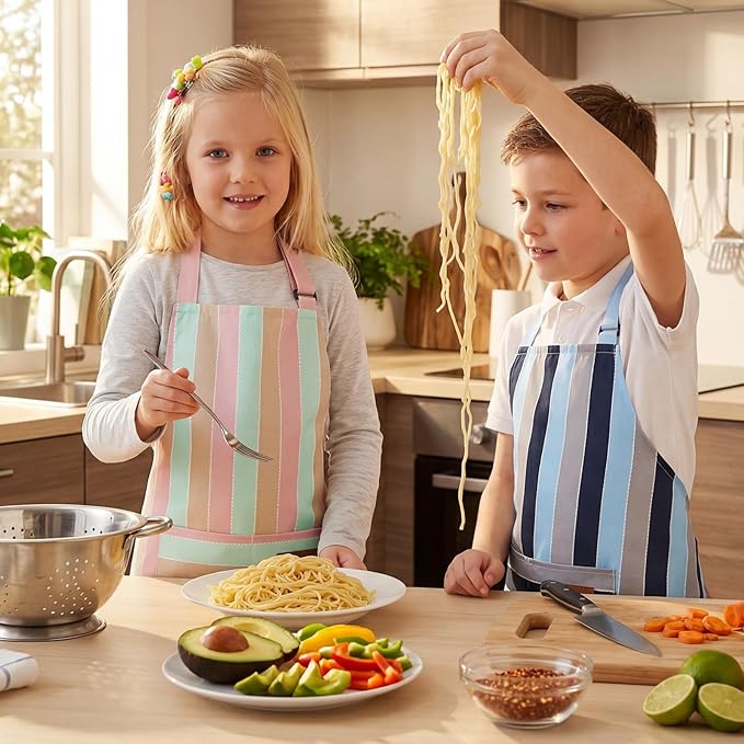 2 Pack Stripes Kids Apron, Kids Cooking Aprons with 2 Pockets, Cute Aprons for Cooking for Boys and Girls