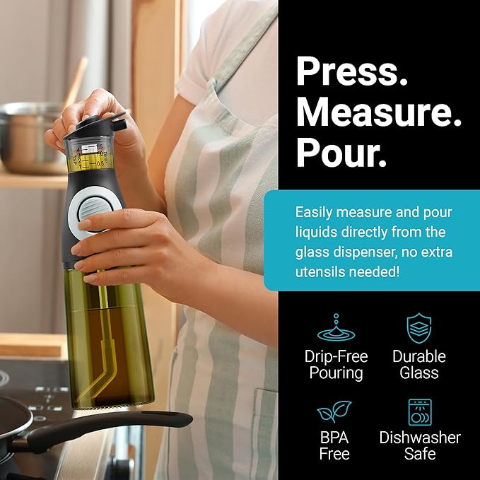 Oil and Vinegar Dispenser Set - Glass Olive Oil Cruet Bottles with Measuring Cup - Non-Drip Kitchen Dispenser for Cooking, Salad Dressing, and Meal Prep - 2 Dishwasher-Safe Containers