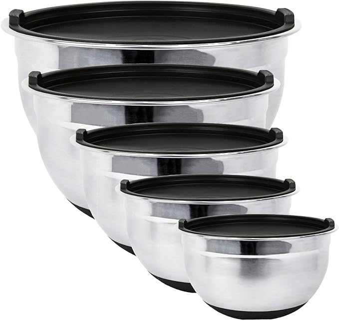 Stainless Steel Mixing Bowls with Lids and Non Slip Bases (Set of 5, Black)