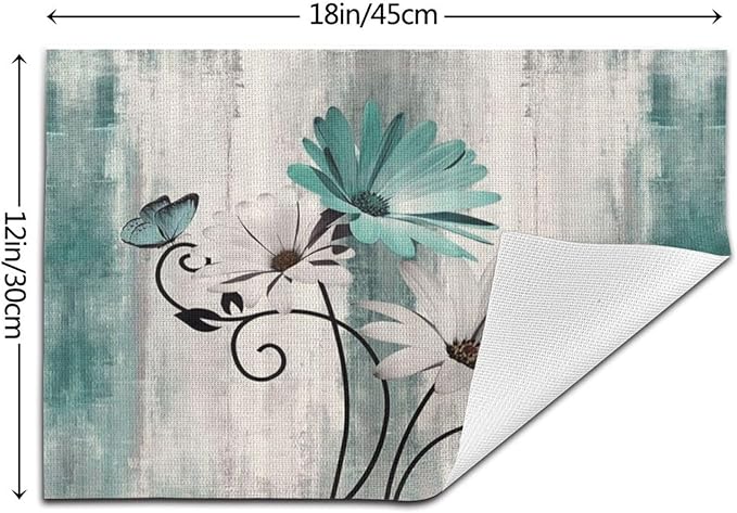 Floral Place mats Set of 6, 12x18 Inches Summer Teal Blue Daisy Flower Decorative Rectangle Table Mats for Party Home Kitchen Dining Table Decoration