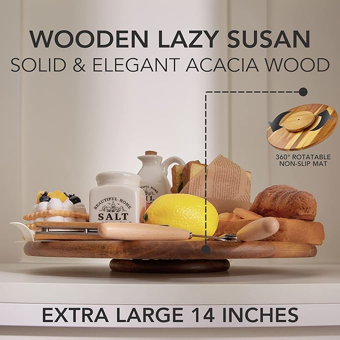 Acacia Wood Lazy Susan, Wood Turntable Tray Cabinet Organizer,14"