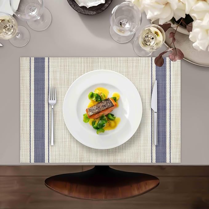 Khaki Blue Placemats Set of 4, 12x18 Inch Heat-Resistant Washable Easy to Clean Place Mats, Faux Linen Cloth Table Mats Suitable for Indoor/Outdoor Parties & Kitchen Decor (Khaki Blue)