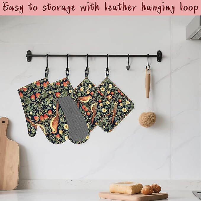 Retro Strawberry Bird Plant Flower Silicone Oven Mitts and Pot Holders,Heat-Resistant 4 Piece Kitchen Set Non-Slip Oven Gloves and Hot Pads for Cooking, Baking, Grilling,BBQ
