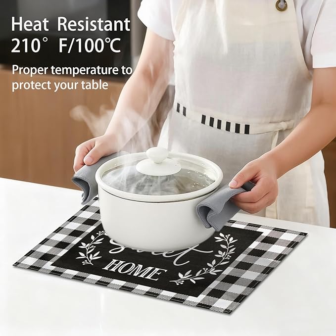 Buffalo Plaid Placemats Set of 8, Black White Farmhouse Placemats - Linen Washable Heat Resistant Waterproof Place Mats for Ktichen Dining Table 18 X 12 Inch, Plaid