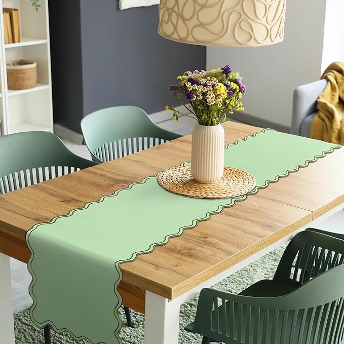 Scalloped Edge Table Runner 70 Inches Preppy Embroidery Edge Table Runner Cute Neutral Rustic Dining Decor for Kitchen(Moss Green,Sage Green)