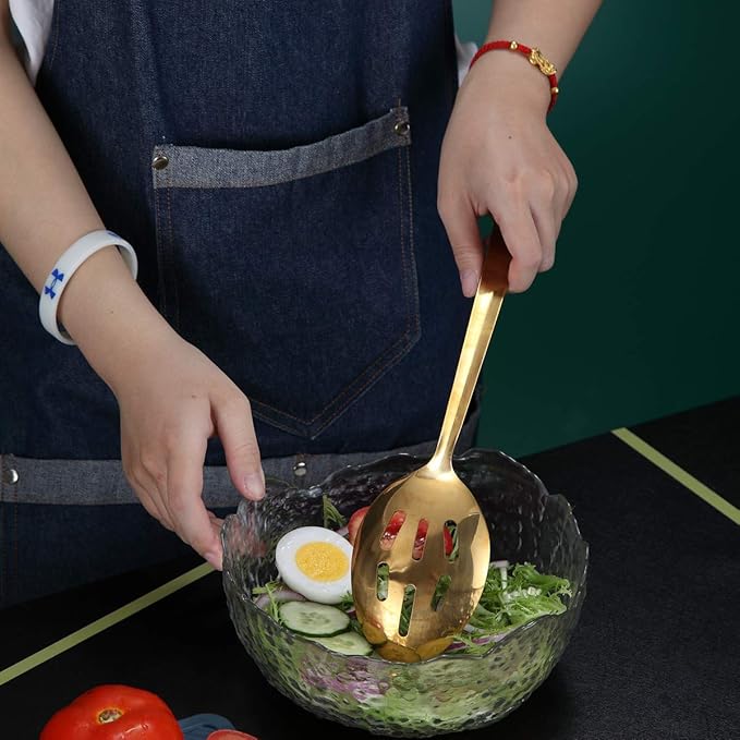 Berglander Gold Cooking Spoon, Stainless Steel Slotted Serving Spoon Titanium Gold Plating, Kitchen Basting Spoon For Cooking, Dishwasher Safe, Easy to Clean