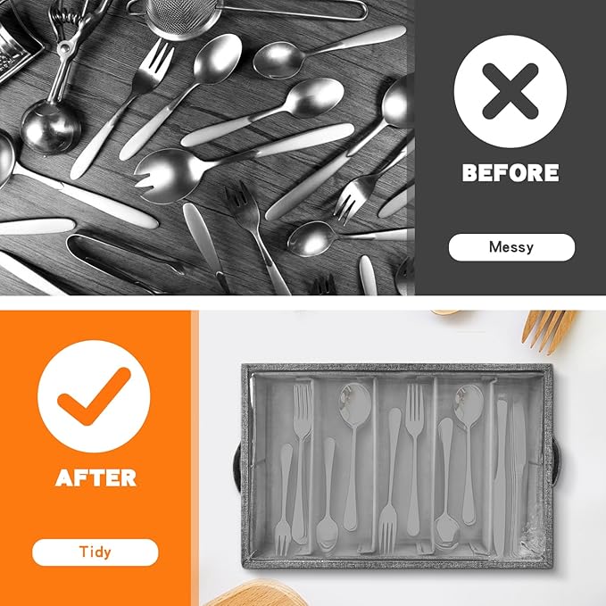 Grekos Flatware Utensil Storage Case, Silverware Storage Box with 4 Adjustable Dividers and Removable Lid, Cutlery Case Utensil with 5 Compartment Storage for Spoon Fork Knives Tableware (Gray)