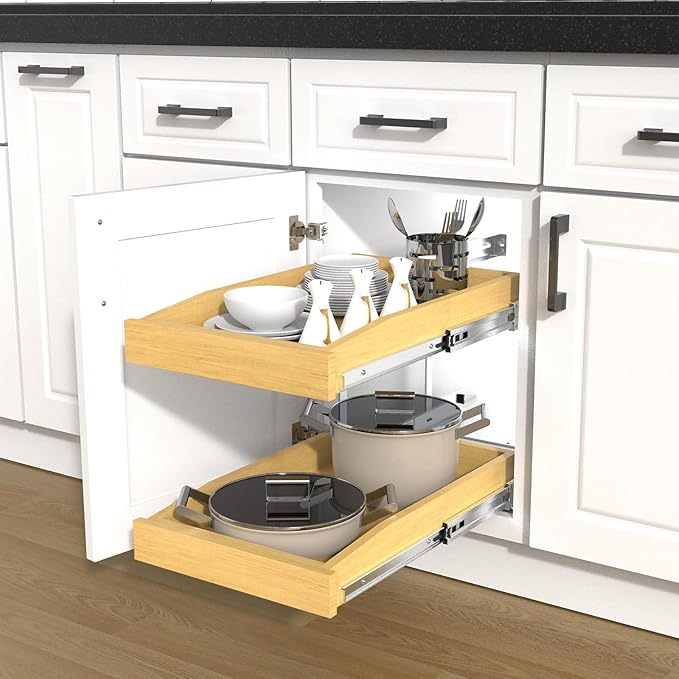 2 Tier Pull Out Cabinet Organizer, 14"W x 21"D Solid Wood Heavy-Duty Base Bottom Assembly Slide out Drawer Shel Cabinet Organization for Kitchen, Pantry, Bathroom