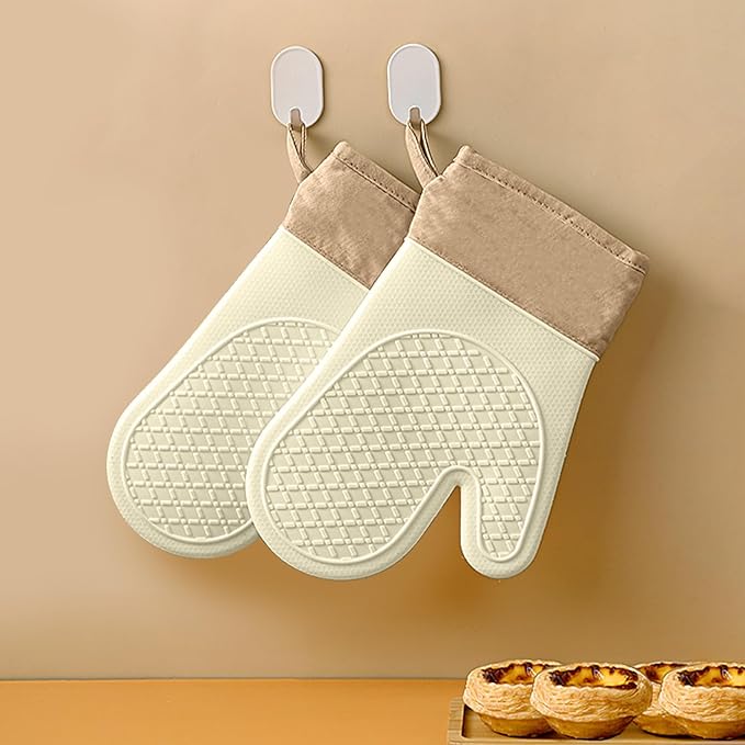 Silicone Oven Mitts，Heat Resistant up to 500°F, Oven Gloves with Soft Lining, Non-Slip Kitchen Essentials, Kitchen Gadgets, Apartment Essentials, Great Gift for Cooking (beige-1pair)