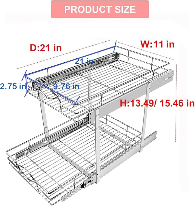 Sikarou Pull Out Cabinet Organizer 11" W x 21" D 2-Tier Individual Slide Out Drawer Pantry Shelf Storage for Kitchen Base Cabinet Organization for Kitchen, Bathroom, Pantry, Chrome