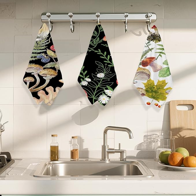 3Pcs Mushroom Kitchen Towels 24x14 Inch, Absorbent Microfiber Dish Towels, Snail Floral Waffle Weave Hand Tea Towels for Kitchen Home Bathroom Farmhouse Decor, Cute Mushroom Gifts for Women Mom