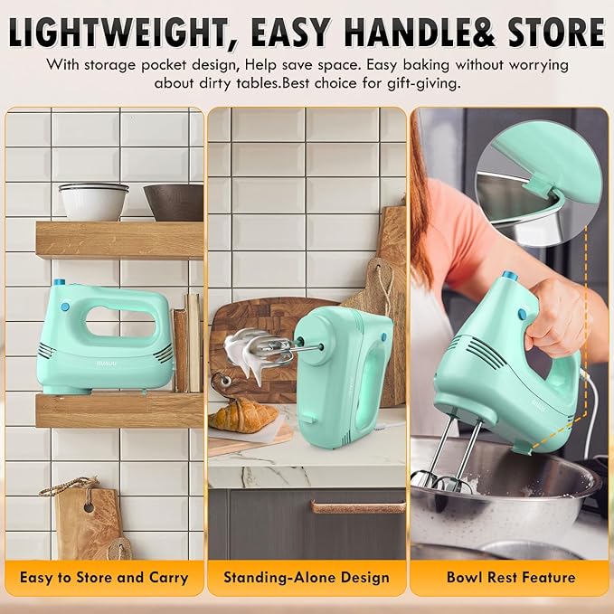 GUALIU Electric Hand Mixer with Stainless Steel Whisk, Dough Hook Attachment and Storage Bag, Handheld Mixer for Baking Cakes, Eggs, Cream Food Mixers. Turbo Boost /5 Speed Kitchen Blender GREEN