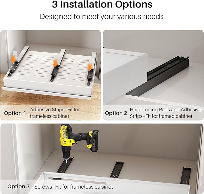 Pull out Cabinet Organizer, 2-Pack Expandable(13.6"-24") Silde out Drawers with Raising Pad for Framed Cabinets, Adjustable Full-Extension Adhesive Roll out Shelves for Kitchen Pantry Home Pot and Pan