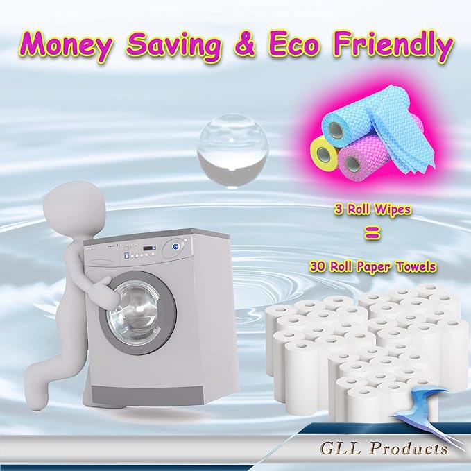 GLL Disposable Cleaning Cloths Wipe Roll, Dish Wash Cloths, Cleaning Washcloth Towel for Kitchen Bathroom Furniture and Car, One-Hand Tearing (Pack of 3-Rolls, 150-Sheets Total)