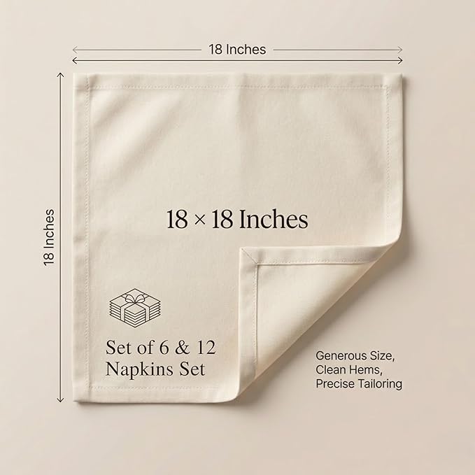 ACCENTHOME Accent Home 100% Cotton Napkins, Delicate Cloth Napkins for Dinners, Parties and Weddings，18 x 18 Inch Set of 12 - Natural