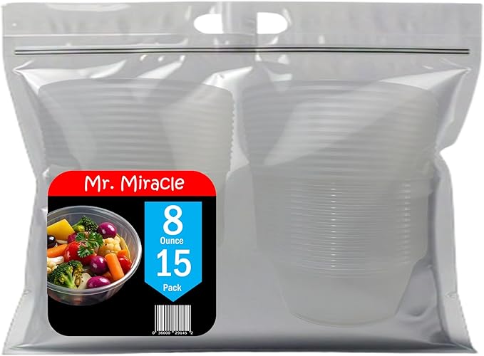 Mr Miracle 8OZ Deli Containers with Lids - 15 Pack of 8 oz Clear Airtight Reusable Plastic Food and Multi-Purpose Deli Containers - Microwave, Freezer, and Dishwasher Safe