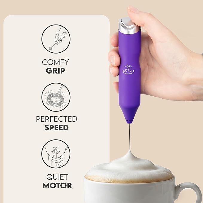 Zulay Kitchen Powerful Frother Wand AA Batteries Included, Ultra Fast Handheld Drink Mixer, Comfort Milk Frother, Stainless Steel Whisker, Frother Handheld for Coffee, Protein & Matcha - Frothmate 2.0